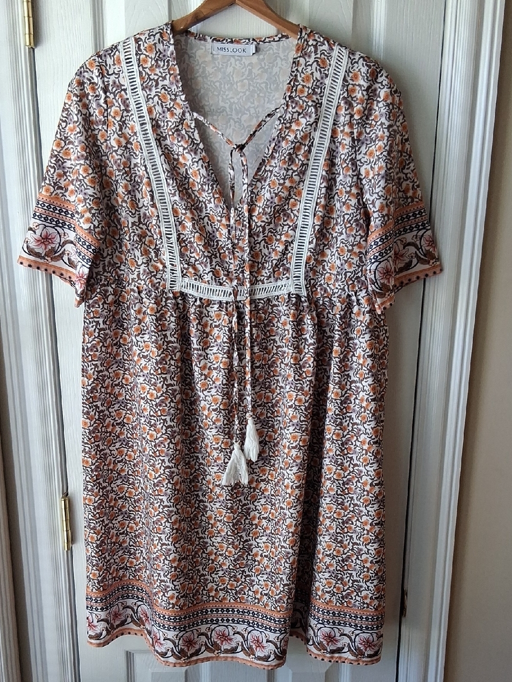 Floral Tassel Tie Boho Cotton V Neck Dress in Peach, Brown & White